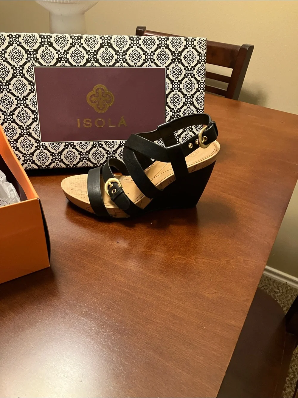 Isola Black Strappy Cork-Effect Wedge Sandals